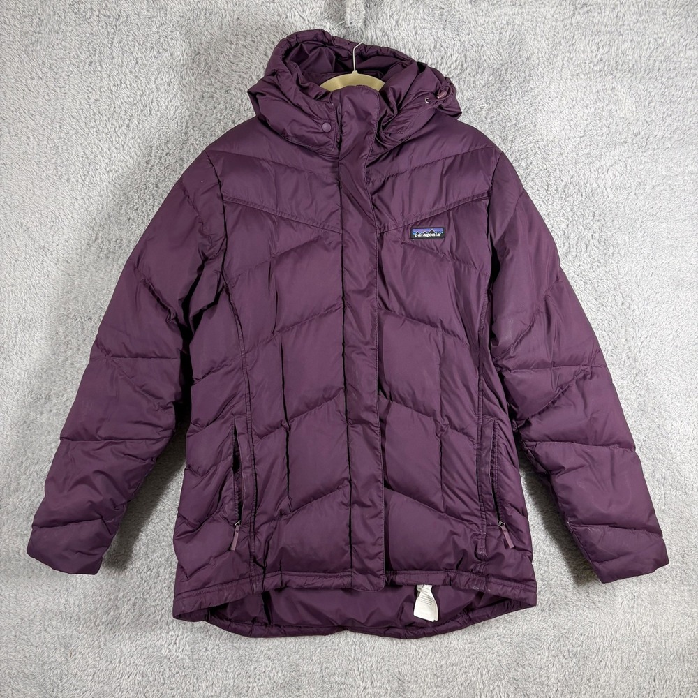 Patagonia Down With It 600 Fill Down Jacket Womens Size L Night Plum Purple Hood
